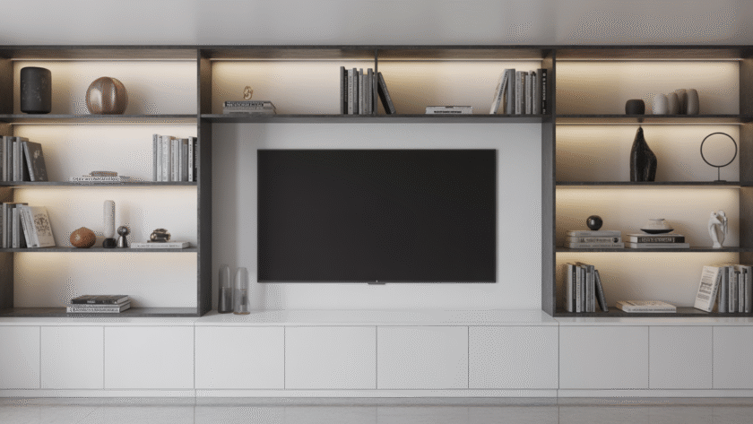Modern media wall with shelves displaying decorative items, books, and a flat-screen TV