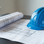 Architectural blueprints and a hard hat on a drafting table, representing building compliance and design.