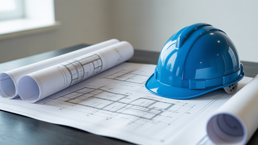 Architectural blueprints and a hard hat on a drafting table, representing building compliance and design.