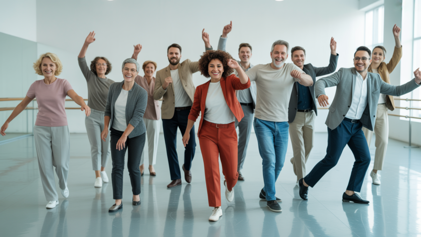 Diverse adults dancing in a bright studio, symbolizing joy and community in dance classes for adults in Toronto.