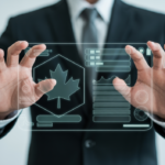 A professional interacts with a holographic interface, symbolizing advanced cybersecurity protection for businesses in Canada.