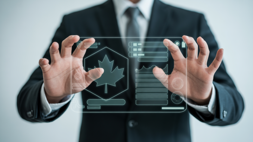 A professional interacts with a holographic interface, symbolizing advanced cybersecurity protection for businesses in Canada.