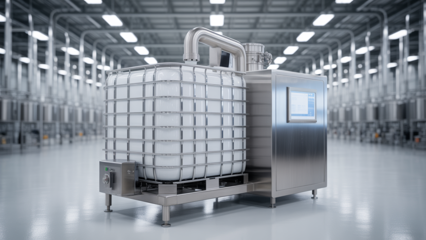 Modern container blending system with an Intermediate Bulk Container (IBC) in a sterile manufacturing facility, representing advanced production efficiency.