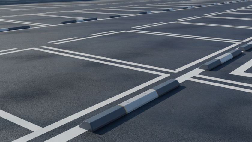Modern, well-maintained commercial parking lot featuring clear markings, speed bumps, and bollards, highlighting safety and efficiency.