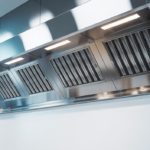 Pristine stainless steel commercial kitchen hood system, reflecting cleanliness and professionalism