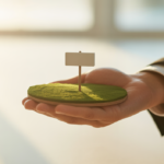 Hand holding a miniature land parcel with a signpost, symbolizing affordable Florida property ownership