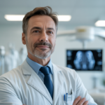 Professional orthopedic surgeon in a modern clinic environment, conveying expertise and trustworthiness
