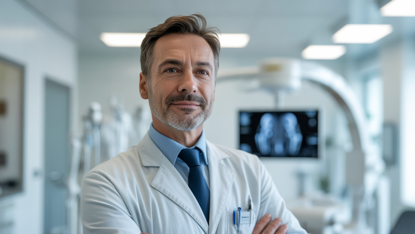 Professional orthopedic surgeon in a modern clinic environment, conveying expertise and trustworthiness