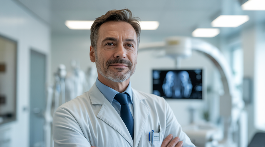 Professional orthopedic surgeon in a modern clinic environment, conveying expertise and trustworthiness