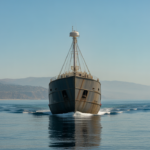 A dignified vessel on the calm Pacific Ocean with the Southern California coastline in the background, representing a burial at sea ceremony.