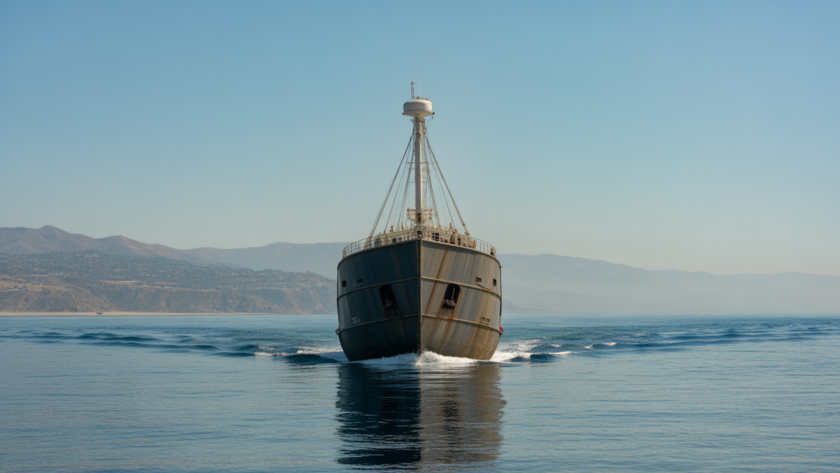A dignified vessel on the calm Pacific Ocean with the Southern California coastline in the background, representing a burial at sea ceremony.