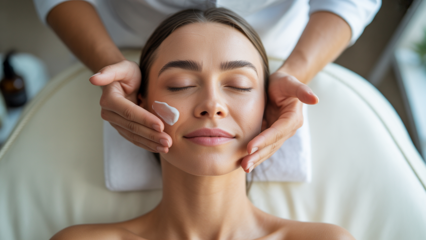 Woman with serene expression receiving a gentle sensitive skin facial from an esthetician, emphasizing relaxation and expert care.