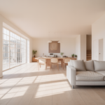 Spotless and bright modern living room, symbolizing a professionally cleaned home and free time for residents.