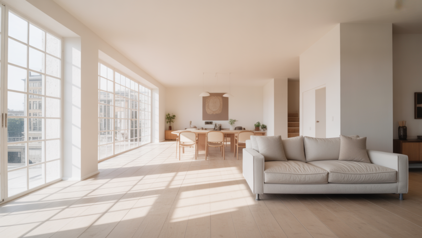 Spotless and bright modern living room, symbolizing a professionally cleaned home and free time for residents.