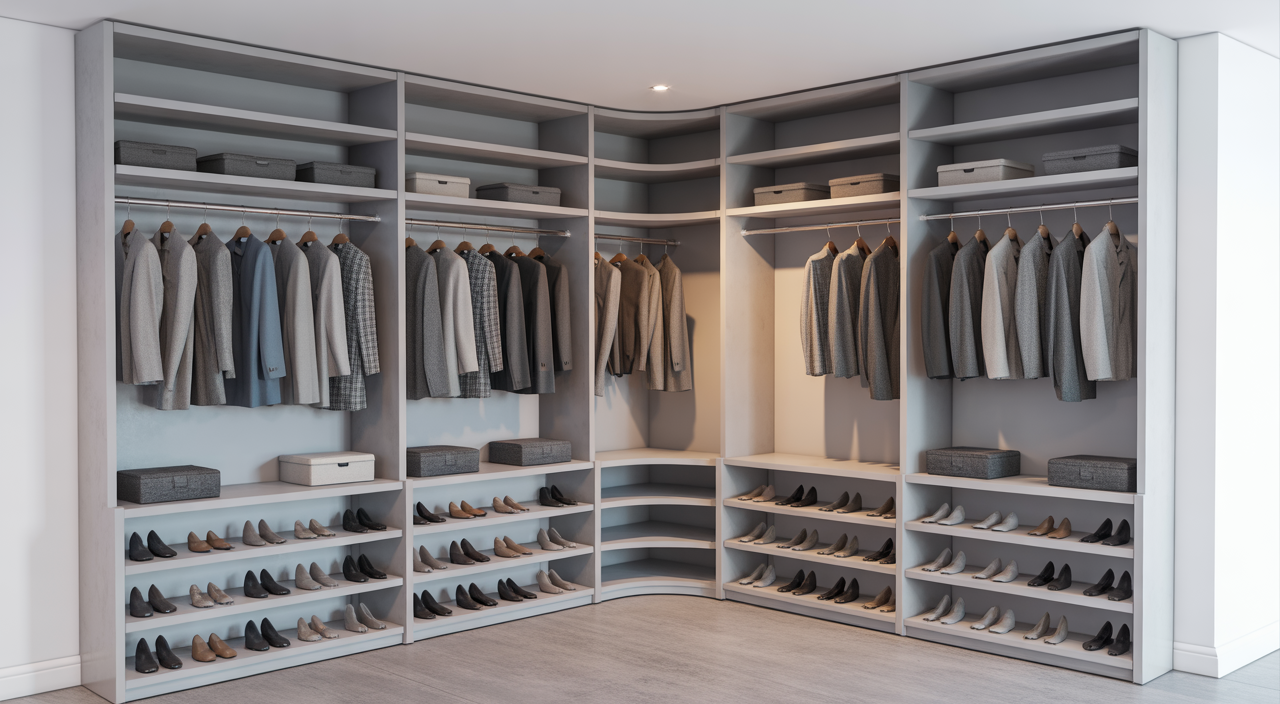 Modern fitted dressing room with bespoke wardrobes and organised storage in a UK home
