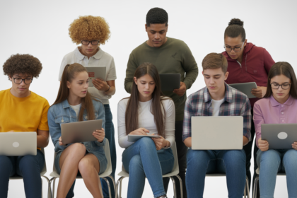 Teenagers participating in a virtual peer support group using digital devices in a well-lit, professional setting