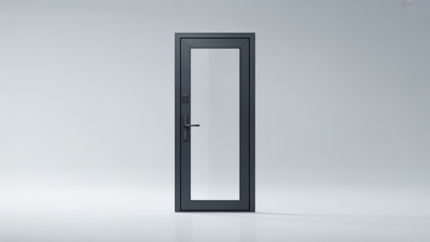 A modern, sleek custom security door with a robust handle, set against a clean background, symbolizing advanced home and business protection.