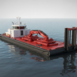 High-quality professional photograph of a self-propelled cutter suction dredge on calm water showcasing modern dredging equipment