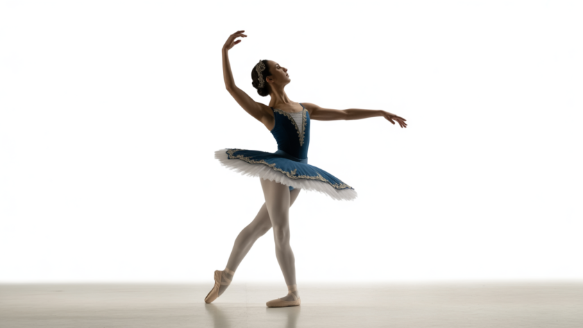 Photorealistic image of a ballet dance teacher performing a graceful ballet pose in a professional studio setting with a clean white background