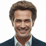 Photorealistic image of a confident middle-aged man with thick natural hair against a clean white background for hair transplant article