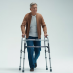 Middle-aged adult using walker to walk confidently in early hip replacement recovery on white background