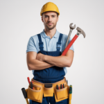 Confident handyman ready for home repair work with tools and equipment on clean white background