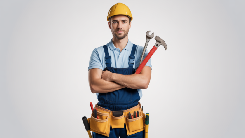 Confident handyman ready for home repair work with tools and equipment on clean white background