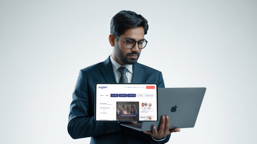 Indian business professional using laptop demonstrating online regulatory portal access for CDSCO approvals on a clean white background