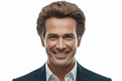 Photorealistic image of a confident middle-aged man with thick natural hair against a clean white background for hair transplant article