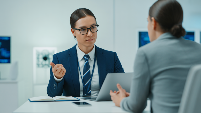 Hero image of business professional discussing cybersecurity consulting in a modern office setting with clean neutral background