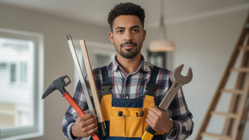Professional licensed handyman holding tools against a neutral background representing trustworthy home repair services in Atlanta