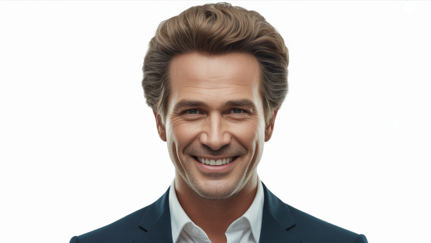 Photorealistic image of a confident middle-aged man with thick natural hair against a clean white background for hair transplant article