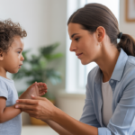 Photorealistic image of an ABA therapist engaging with a young child at home during therapy session in a bright, clean environment