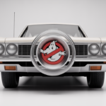 Photorealistic image of a classic car front with a mounted Ghostbusters-style siren speaker, clean white background