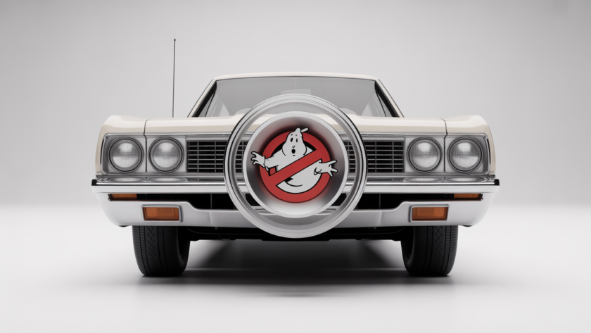 Photorealistic image of a classic car front with a mounted Ghostbusters-style siren speaker, clean white background