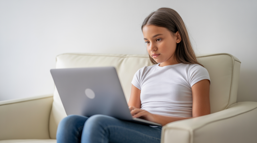 Teenage girl engaging in telehealth counseling session at home, representing teen telehealth counseling in Queens