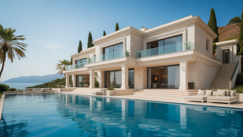 Luxurious modern sea-facing villa with elegant architecture as a representation of high end real estate auctions