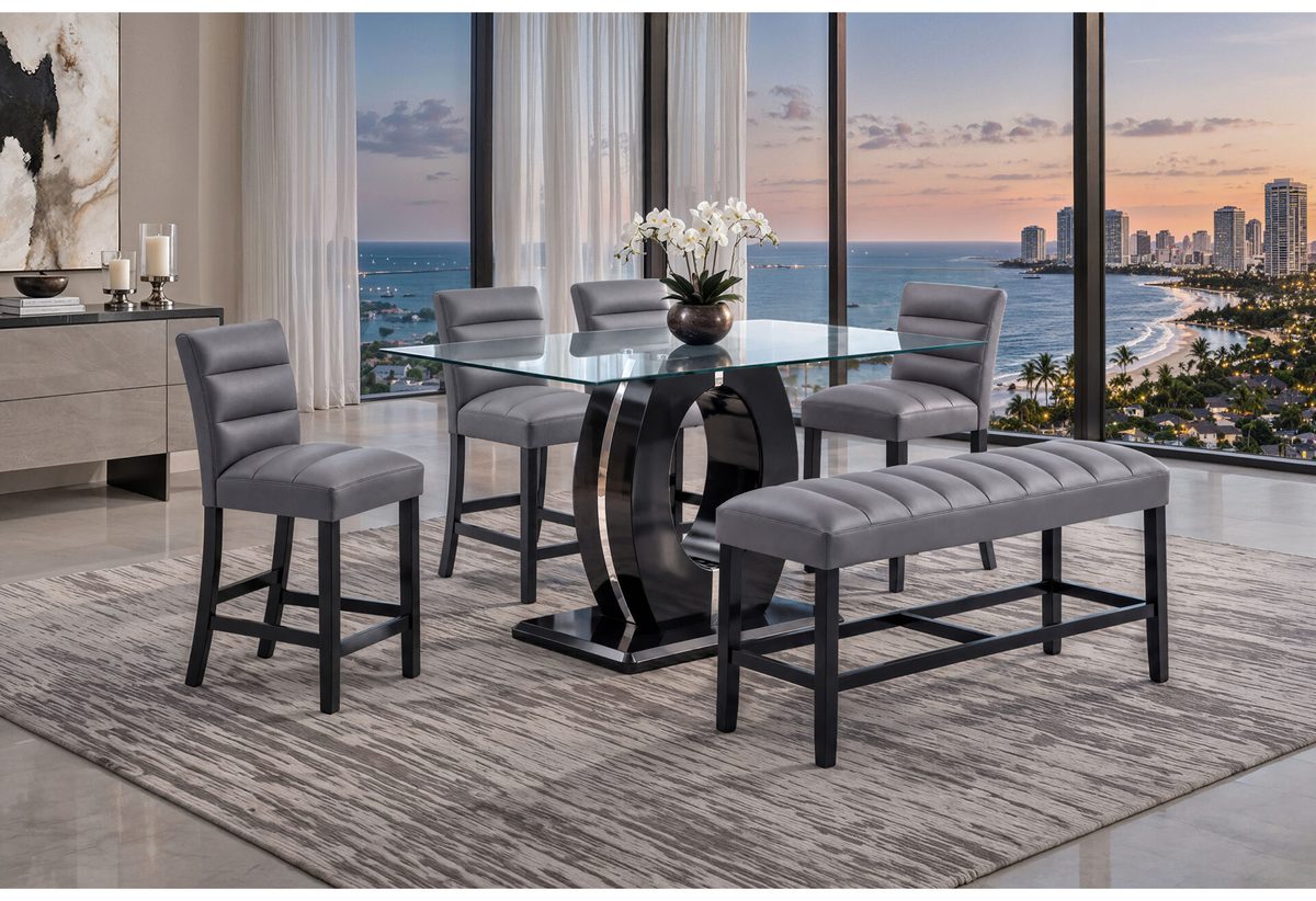 Counter-height glass bar table with grey bar stools and a bench for an open-concept kitchen