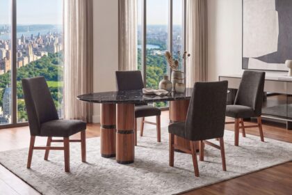 Wholesale dining room furniture set with an oval black and gold faux marble table and dark upholstered chairs